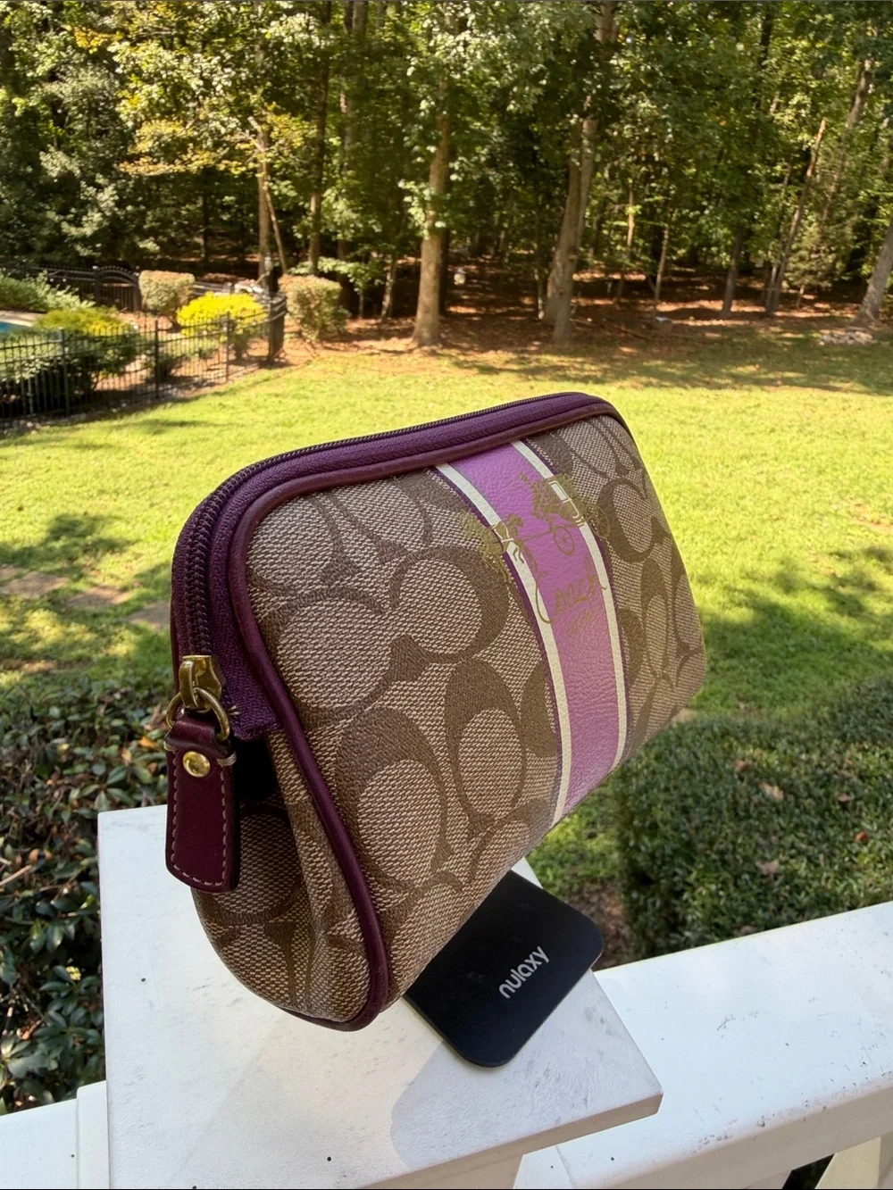 Vintage Coach Signature Canvas Cosmetic Pouch in Tan & Purple Tattersall lining